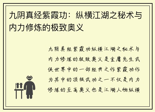 九阴真经紫霞功：纵横江湖之秘术与内力修炼的极致奥义